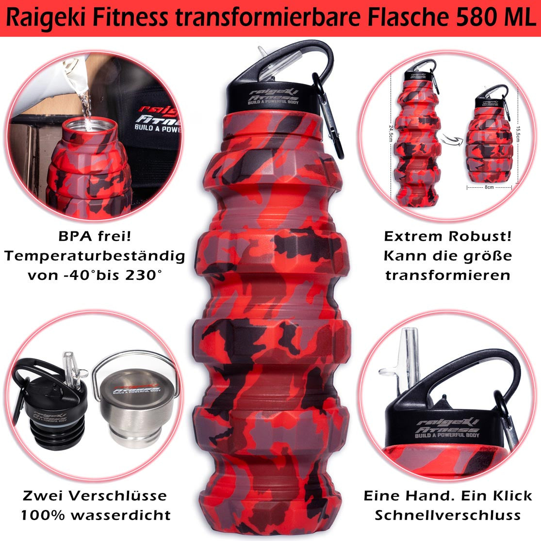 Faltbare Trinkflasche Granate 580ml – Raigeki Fitness